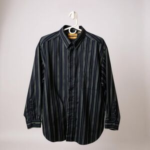 Turnbury Men's XL Button Down Shirt Long Sleeve Striped Blue Green Hong Kong Vtg